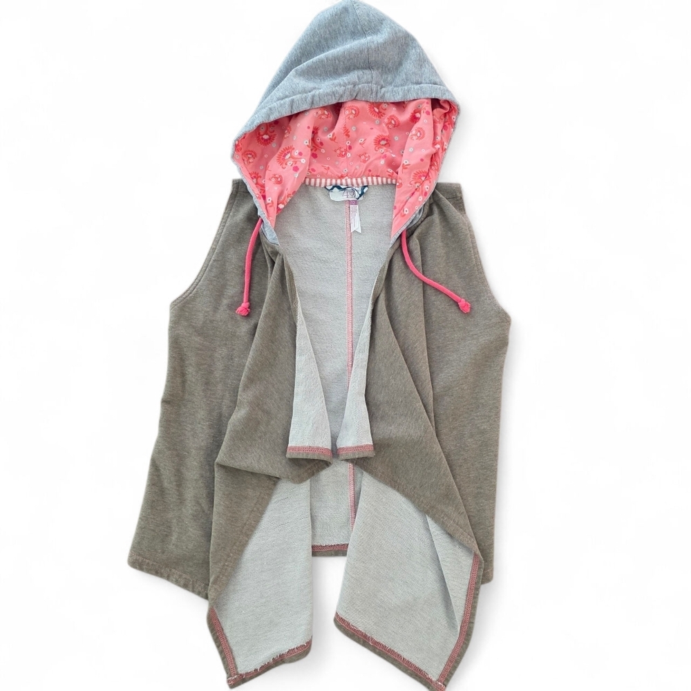 Matilda Jane 435 Girls Hooded Vest Size 12 Brown Pink Trim Asymmetrical Hem